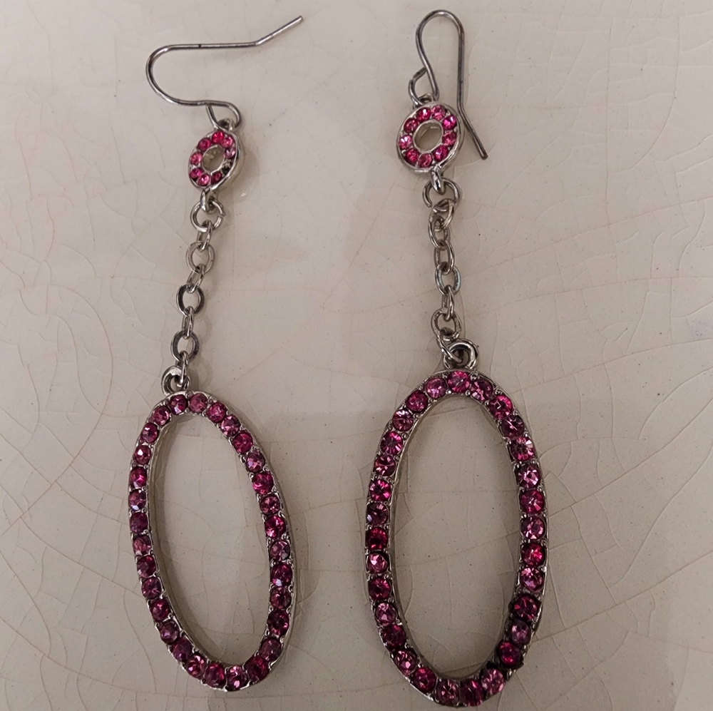 Hot pink oval and circle rhinestone encrusted drop earrings